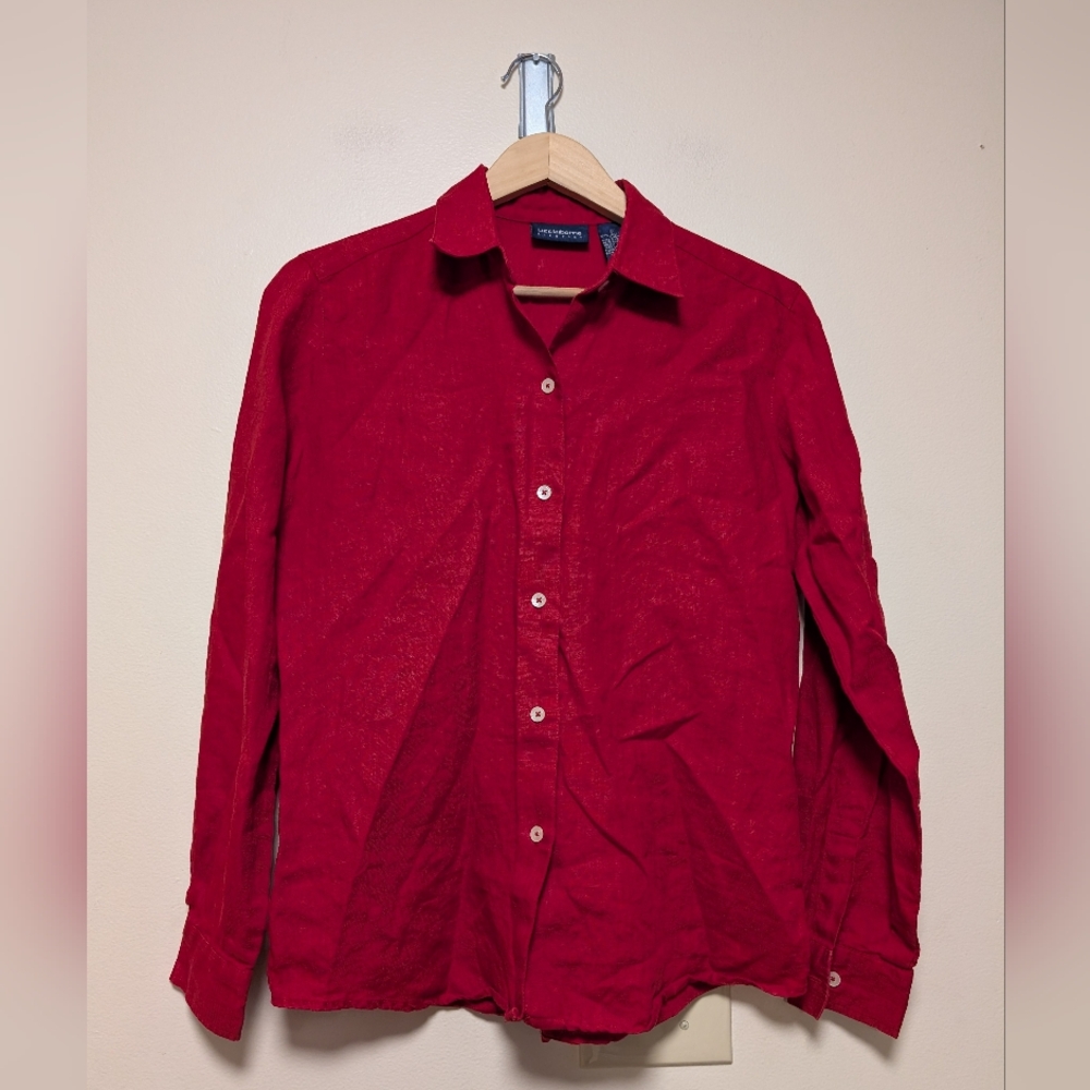 Liz Claiborne LizSport 100% Linen Button Down Shirt Small Red